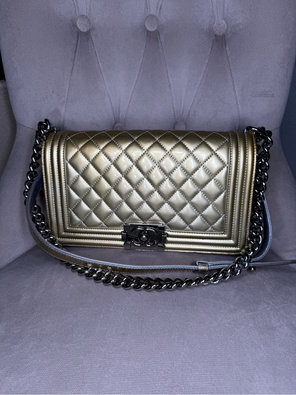 Chanel Medium Boy Bag Metallic Gold & Silver Patent